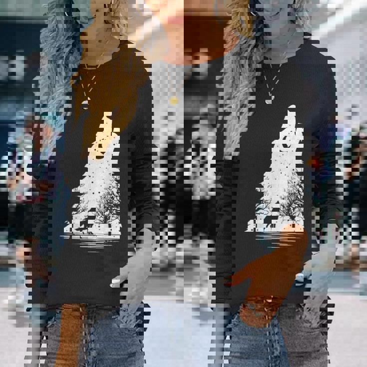 遠吠えするオオカミ 星空 オオカミモチーフ 男女兼用 長袖Tシャツ 彼女への贈り物