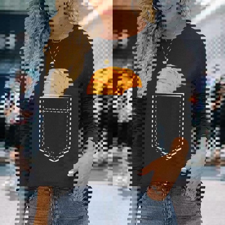 面白いクロワッサンインザポケット 食通 フレンチクロワッサンポケット 長袖Tシャツ 彼女への贈り物