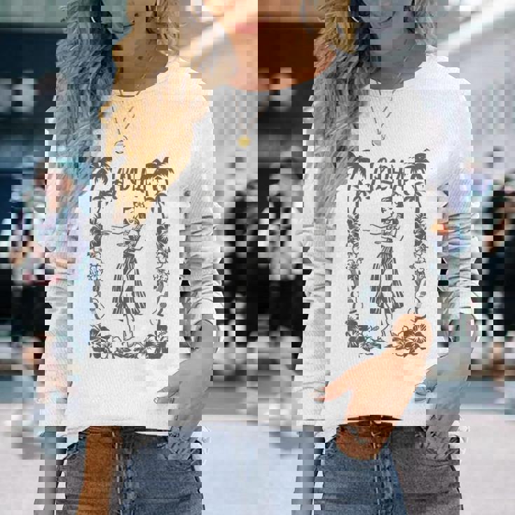 Aloha ハワイ ダンサー ヤシの木 ハイビスカス ウクレレ ルアウ ラインアート 長袖Tシャツ 彼女への贈り物