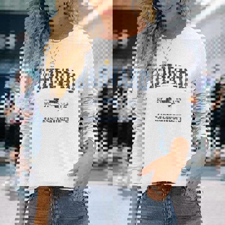 Harvard マサチューセッツ州 ヴィンテージ スポーツ デザイン ネイビー プリント 長袖Tシャツ 彼女への贈り物