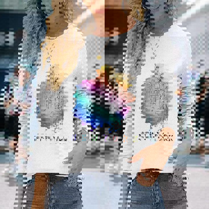 Nyc ニューヨークシティスカイライン 自由の女神 長袖Tシャツ 彼女への贈り物