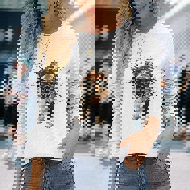 その壁を打ち破れ 三毛猫 福猫 面白 長袖Tシャツ 彼女への贈り物