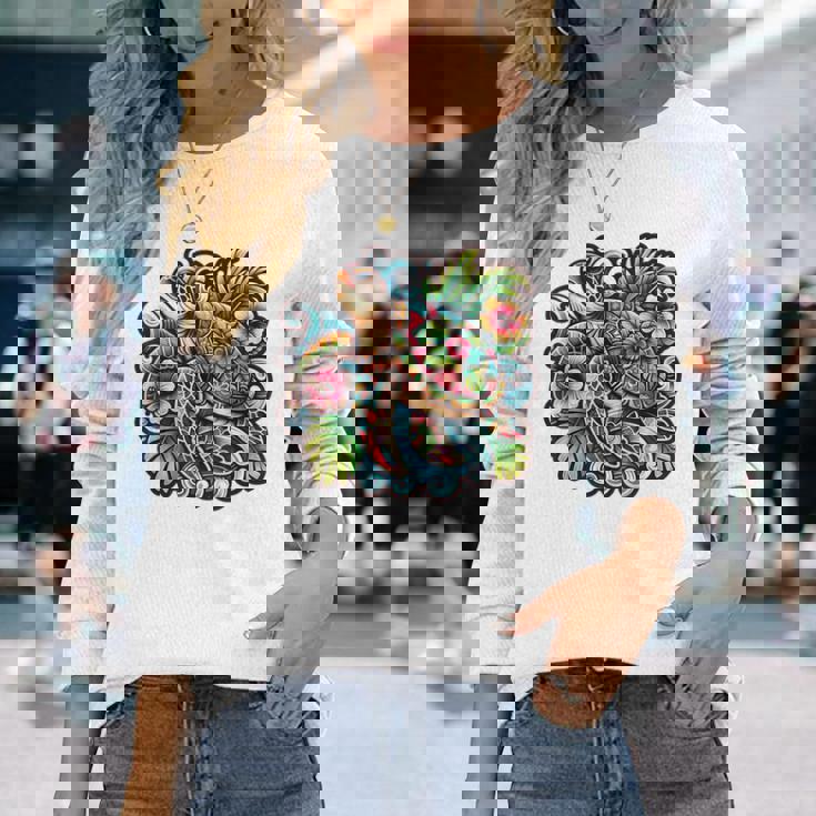 アロハ ウミガメ ハワイアン ホヌ フラワー ウェーブ オーシャン 長袖Tシャツ 彼女への贈り物