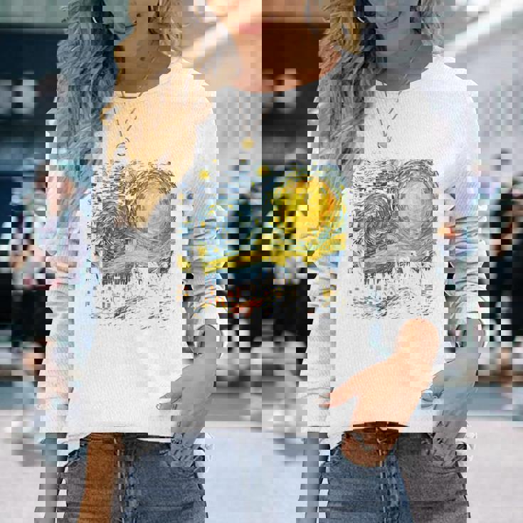 カエル 星月夜 面白い カエル ゴッホ 美的アート ミーム 長袖Tシャツ 彼女への贈り物