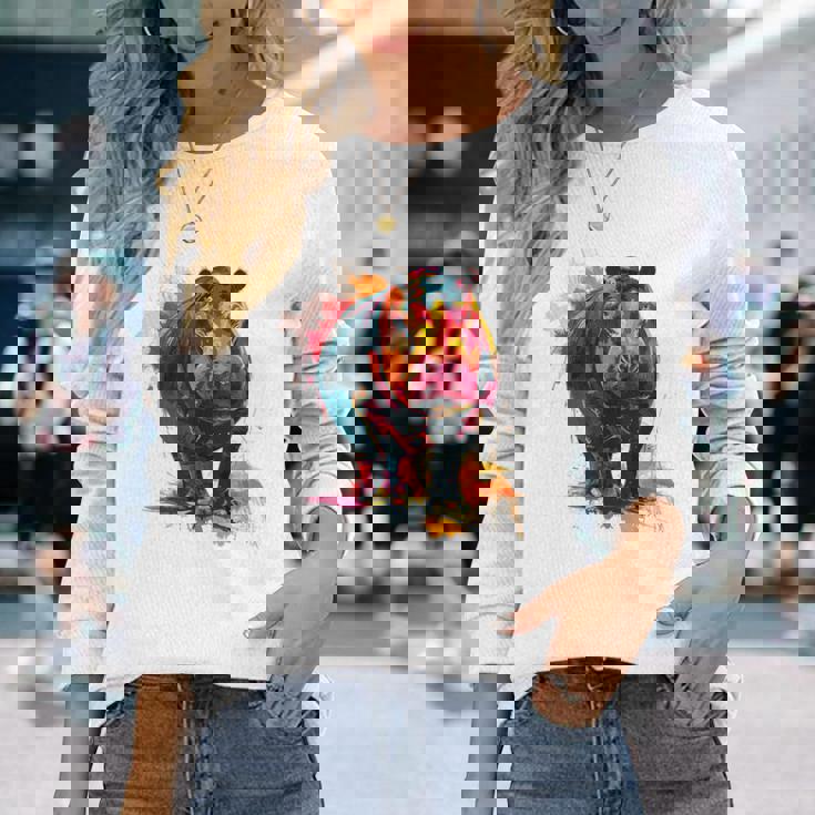 カバ 動物 カラフル グラフィック 抽象 アート 絵画 カバ 長袖Tシャツ 彼女への贈り物