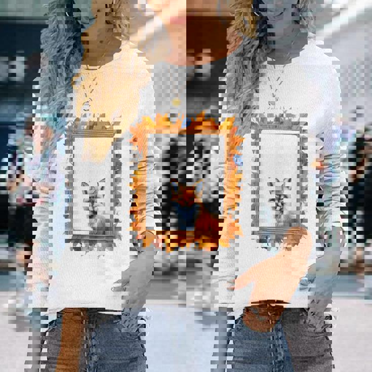 キツネ アニマル柄 モチーフ 紅葉 イラスト 自然 狐 長袖Tシャツ 彼女への贈り物