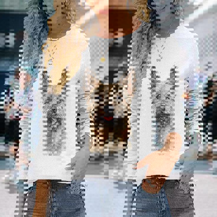 ケアンテリア 犬 グラフィック ペット アートワーク ケアンテリア 長袖Tシャツ 彼女への贈り物