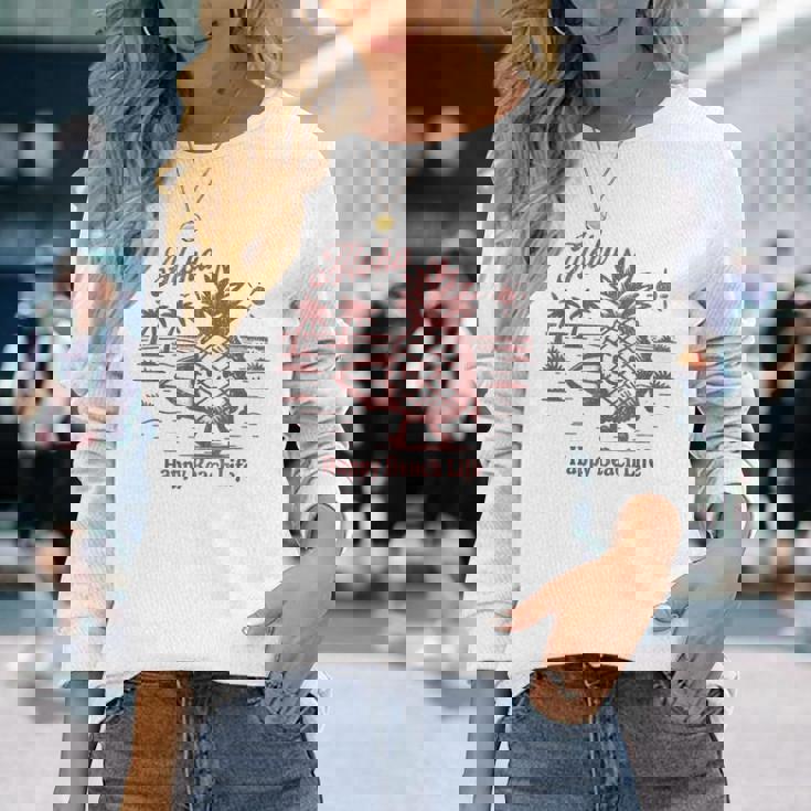 サーフィン パイナップル レトロ ビーチ ヤシの木 トロピカル 美学 長袖Tシャツ 彼女への贈り物