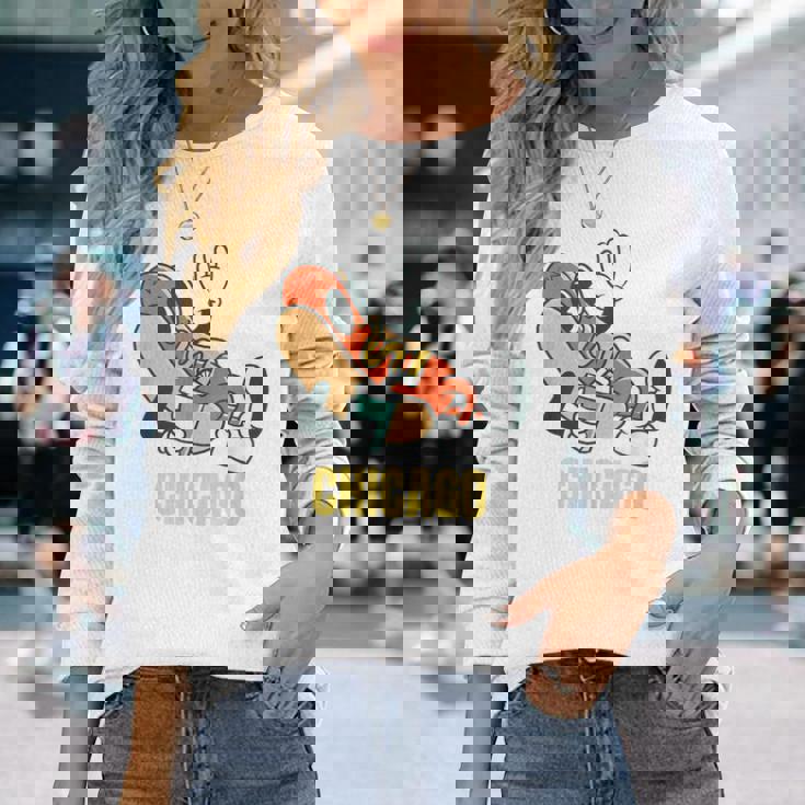 シカゴホットドッグ ストリートフード ホットドッグ マスタード付き 長袖Tシャツ 彼女への贈り物