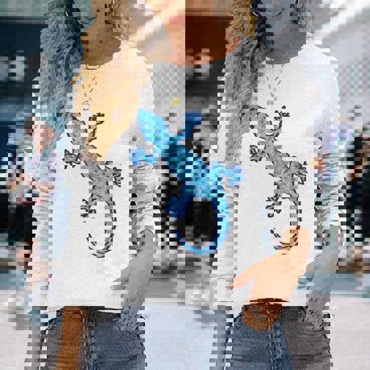 トライバル バティック パターン ヤモリトカゲ デニムブルーtシャツ 長袖Tシャツ 彼女への贈り物