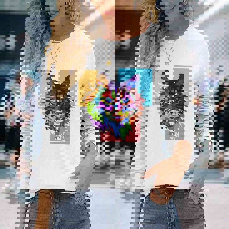 ペイントされた猫の顔 カラフル レインボー アートデザイン ギフトに最適 長袖Tシャツ 彼女への贈り物