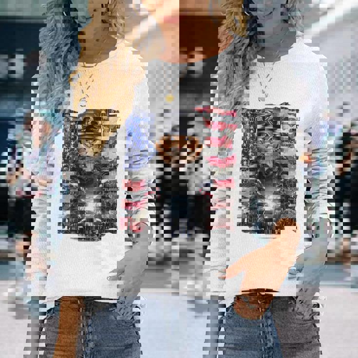 三毛猫 オレンジ猫 ねこ バイク 星条旗 アメリカ 長袖Tシャツ 彼女への贈り物