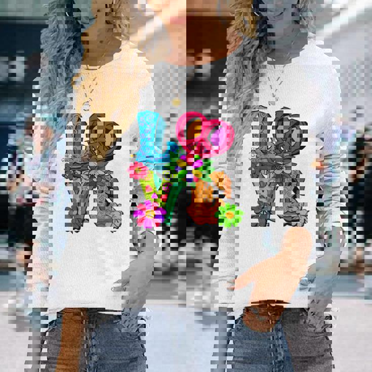 明るくカラフルな愛と平和 ピースサイン フラワートップ 長袖Tシャツ 彼女への贈り物