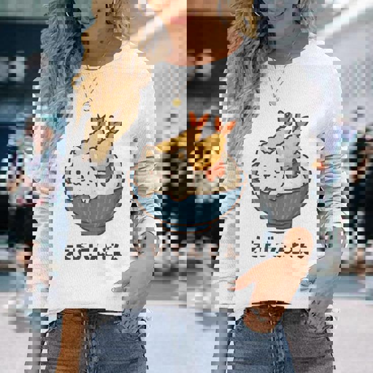 海老天丼 天丼 えび ご飯 ねこ 白猫 天丼好き 猫好き おもしろ かわいい猫 イラスト 猫キャラ 癒し 系 長袖Tシャツ 彼女への贈り物