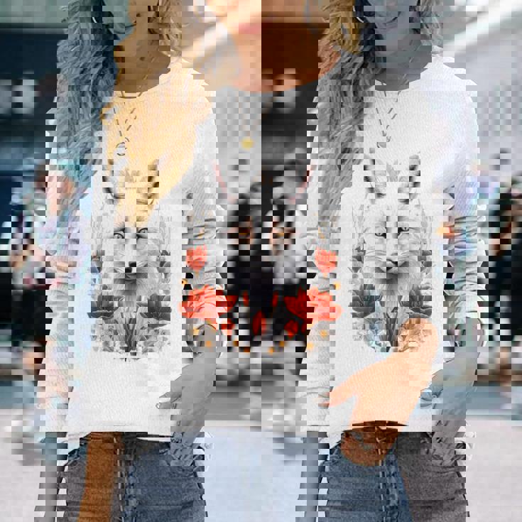 狐 アニマル柄 モチーフ 図面 イラスト 自然 狐 長袖Tシャツ 彼女への贈り物