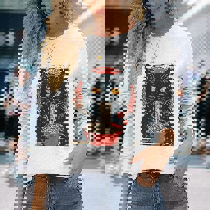 麺 猫 ラーメン好き 和食 猫 アート デザイン 長袖Tシャツ 彼女への贈り物