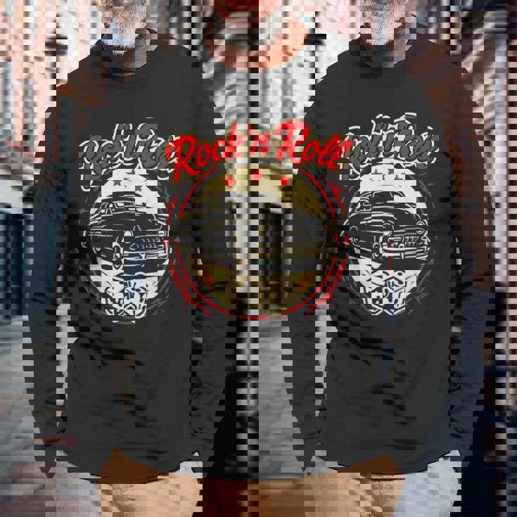 1950年代ロックンロールクラシックカーとサイコロロカビリー 長袖Tシャツ 高齢者への贈り物