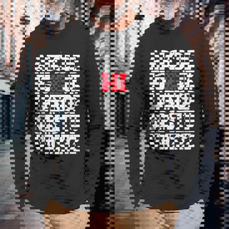 Abcのhiおかしいこんにちはアルファベット学生教師グリーティング 長袖Tシャツ 高齢者への贈り物