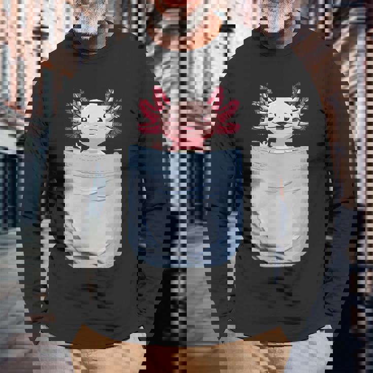 Axolotl ポケットに入った魚 両生類 ペット ホワイト アホロートル トカゲ 長袖Tシャツ 高齢者への贈り物