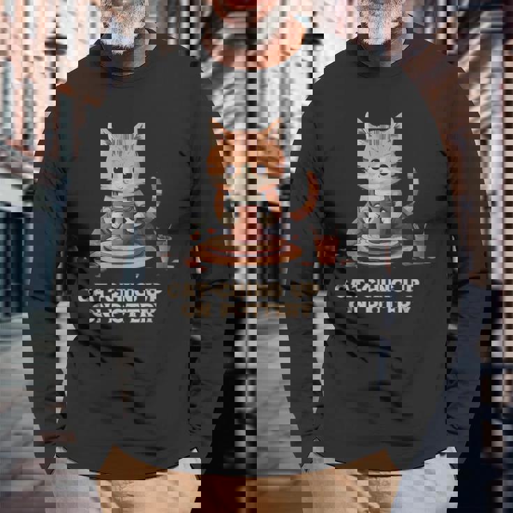 Cat-Ching Up On Pottery 面白い猫好きデザイン 長袖Tシャツ 高齢者への贈り物