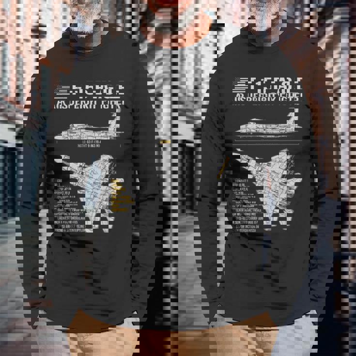 F-15イーグル航空機の設計図ジェット戦闘機データ 長袖Tシャツ 高齢者への贈り物