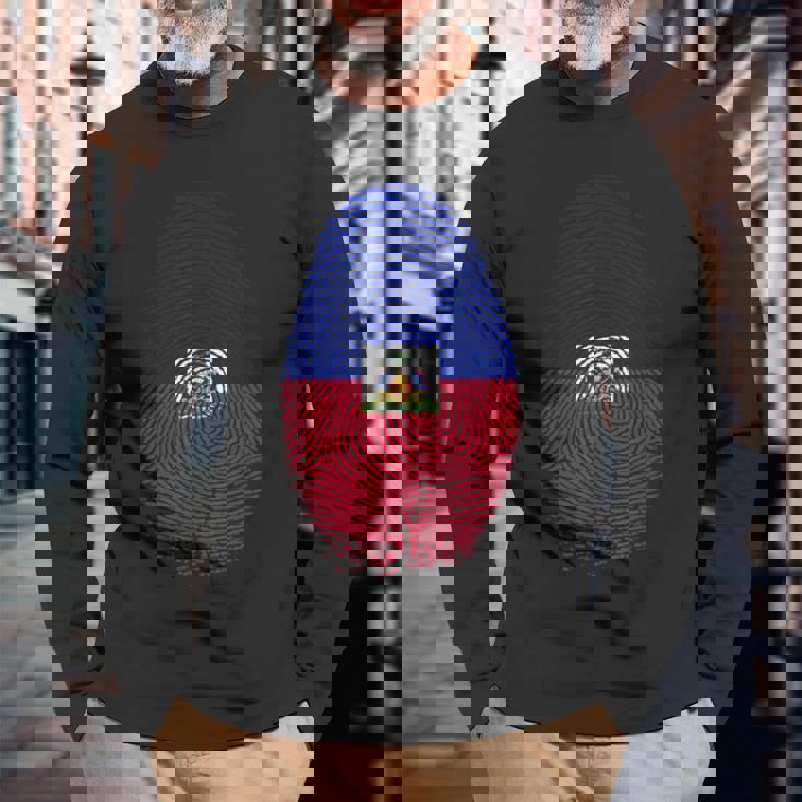 Haiti Flag Fingerprint Haitian For Haitians 長袖Tシャツ 高齢者への贈り物