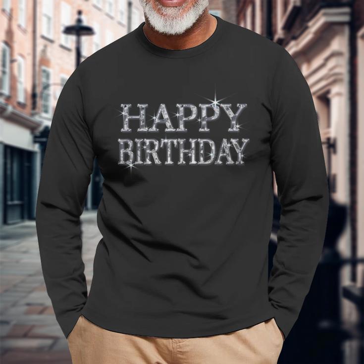 Happy Birthday ハッピーバースデー【ダイヤモンドip フォント】お誕生日 キラキラ 面白い 長袖Tシャツ 高齢者への贈り物
