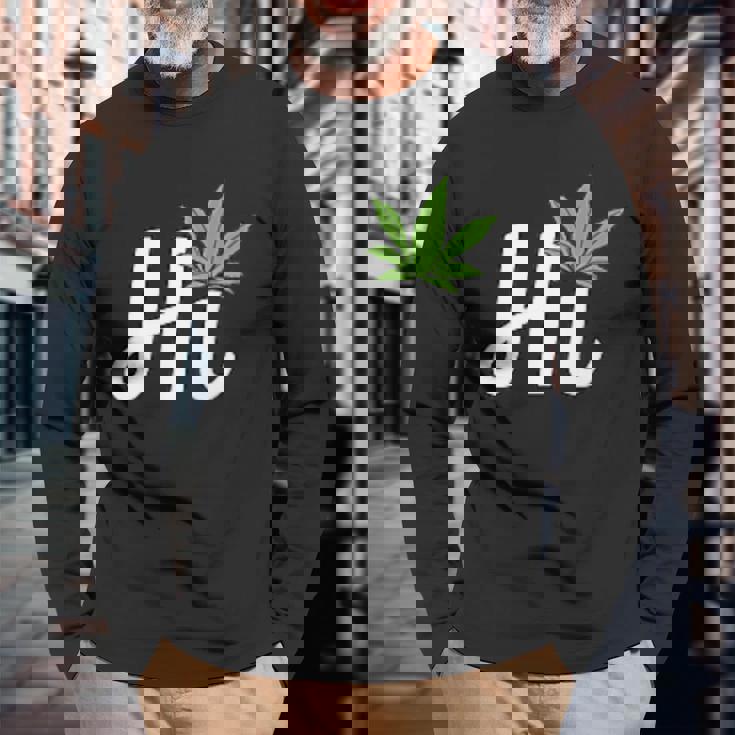 Hi Hello マリファナの葉 ハッピーファニー大麻 ウィード パイナップル 長袖Tシャツ 高齢者への贈り物