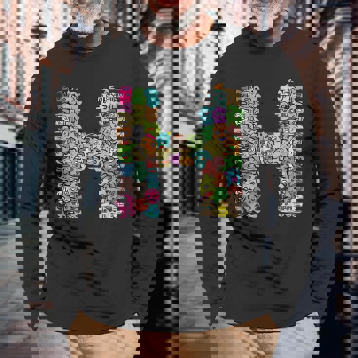 Hモンスターズ アルファベットネーム イニシャル キュート モノグラム 長袖Tシャツ 高齢者への贈り物