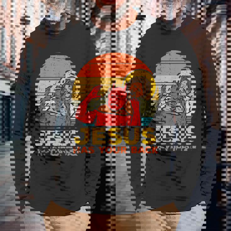 Jesus Has Your Back Jiu Jitsu レトロ クリスチャン メンズ レディース キッズ 長袖Tシャツ 高齢者への贈り物