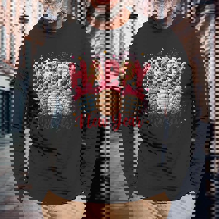 Latch Hook Yarn Crochet New Year 2026 Disco Ball Fireworks Long Sleeve T-Shirt Gifts for Old Men