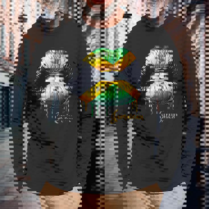 Lips Jamaican Flag Jamaica Love Travelacation 長袖Tシャツ 高齢者への贈り物