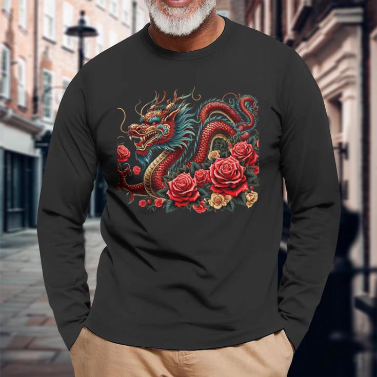 Masque D'anime Japonais Kitsune Dragon Chinois Avec Rose T-shirt à manches longues Cadeaux pour les vieillards