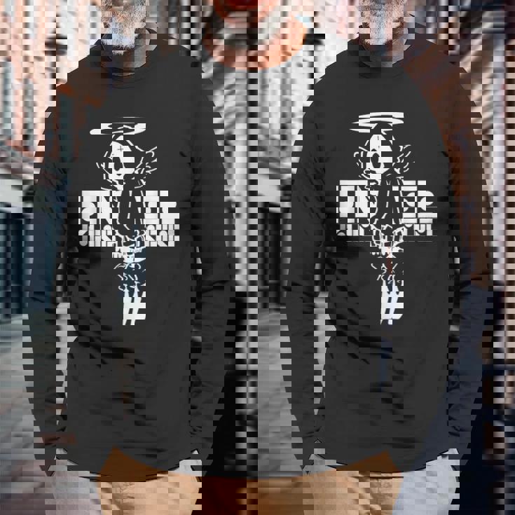 Nog-T-0012-天使-黒 長袖Tシャツ 高齢者への贈り物