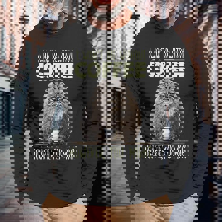 Pallas Catコーヒー愛好家のための朝の不満 マヌルネコ 長袖tシャツ 長袖Tシャツ 高齢者への贈り物