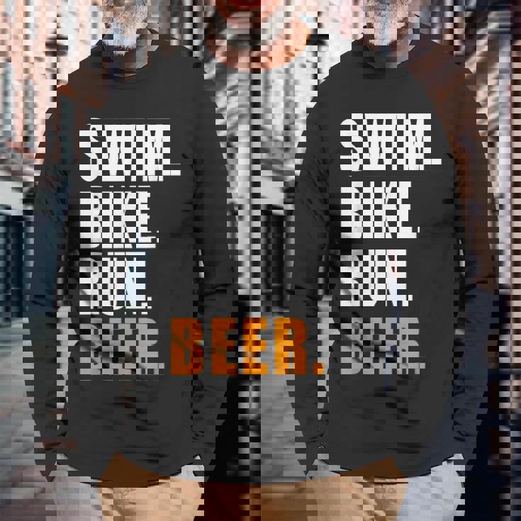 Swim Bike Run スイム バイク ラン ビール トライアスロン トライアスロン スポーツ メンズ レディース 長袖Tシャツ 高齢者への贈り物