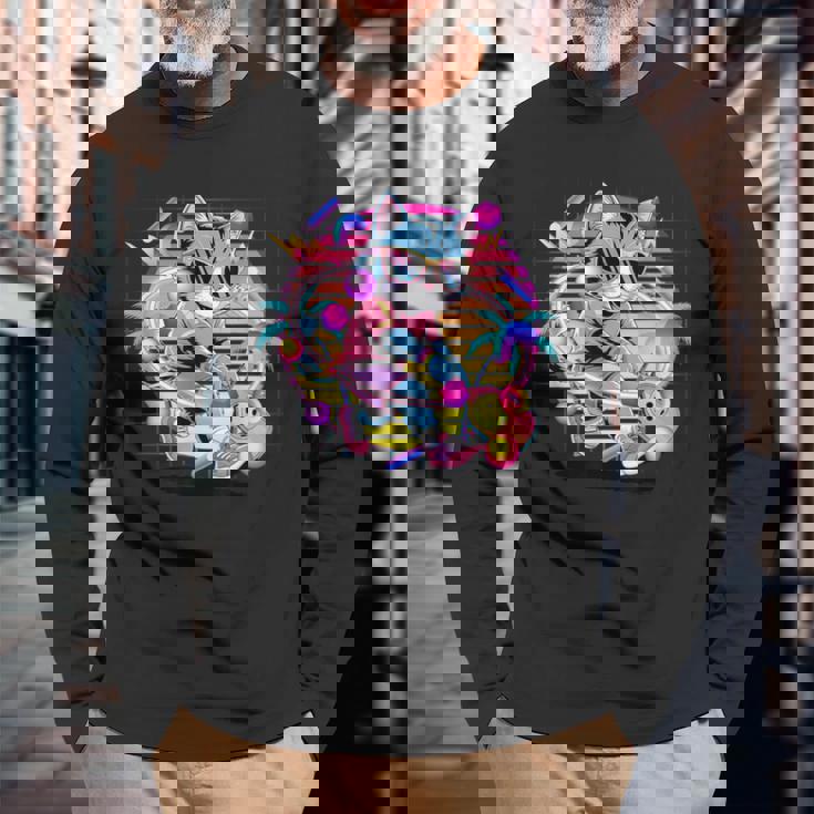 Vaporwave 猫 ピックルボール プレーヤー 80年代 レトロ 美学 長袖Tシャツ 高齢者への贈り物