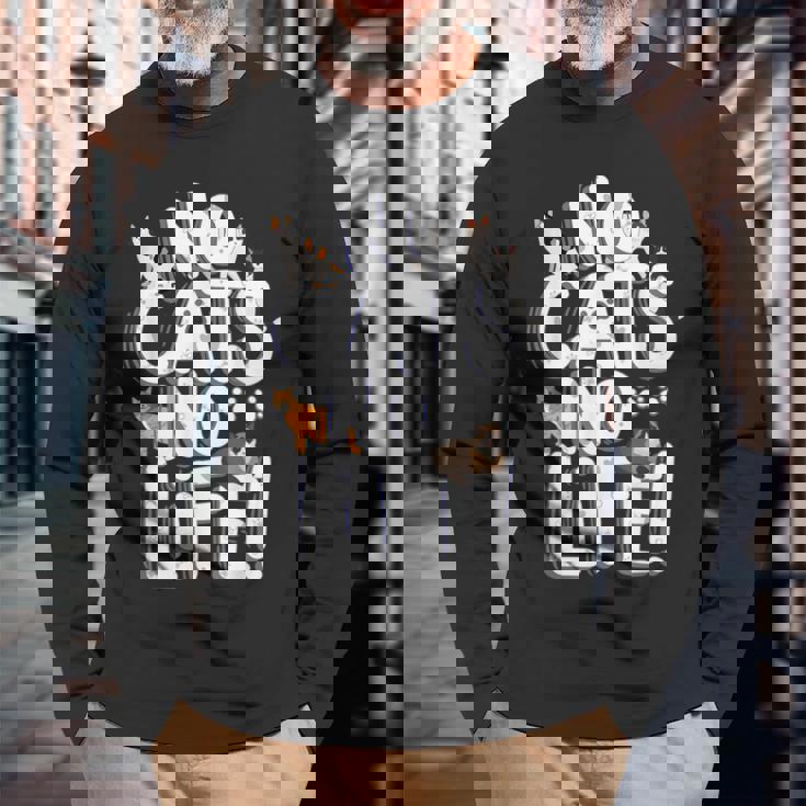 「No Cats No Life」 母の日 バレンタインデー 猫 母 長袖Tシャツ 高齢者への贈り物