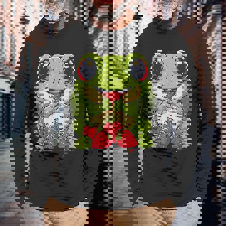 いちごカエル 図面 アートワーク いちご 動物 アート 長袖Tシャツ 高齢者への贈り物