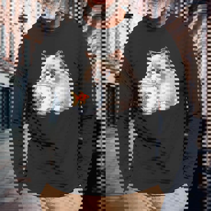 おさるのラグドール 猫と金魚 長袖Tシャツ 高齢者への贈り物