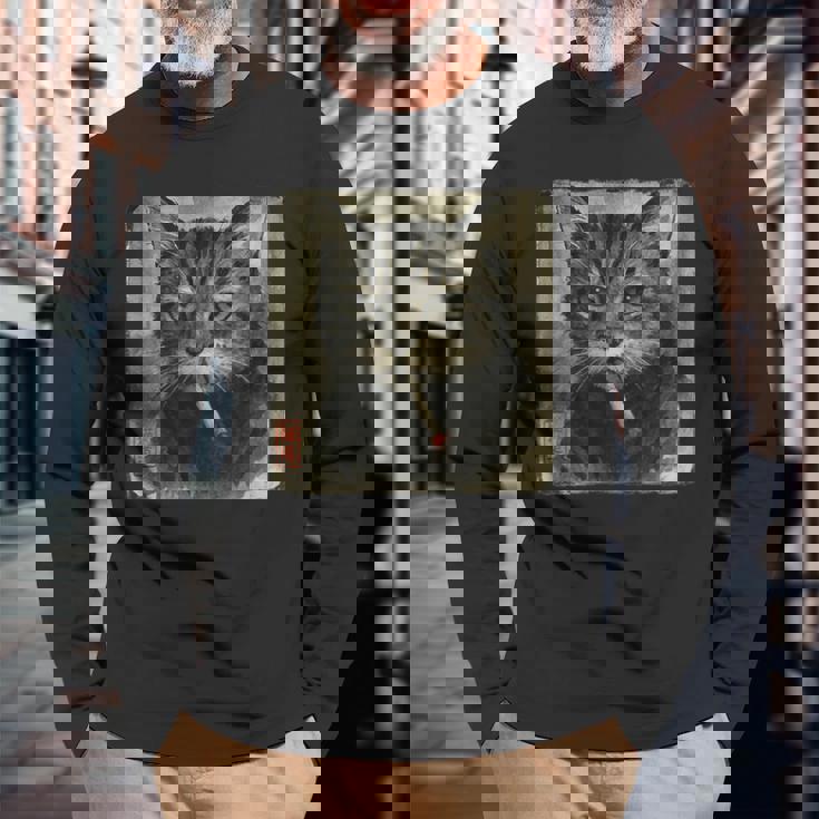 おもしろい 悲しい猫 喫煙 タバコ ミーム 恋人 墨絵 日本語 長袖Tシャツ 高齢者への贈り物