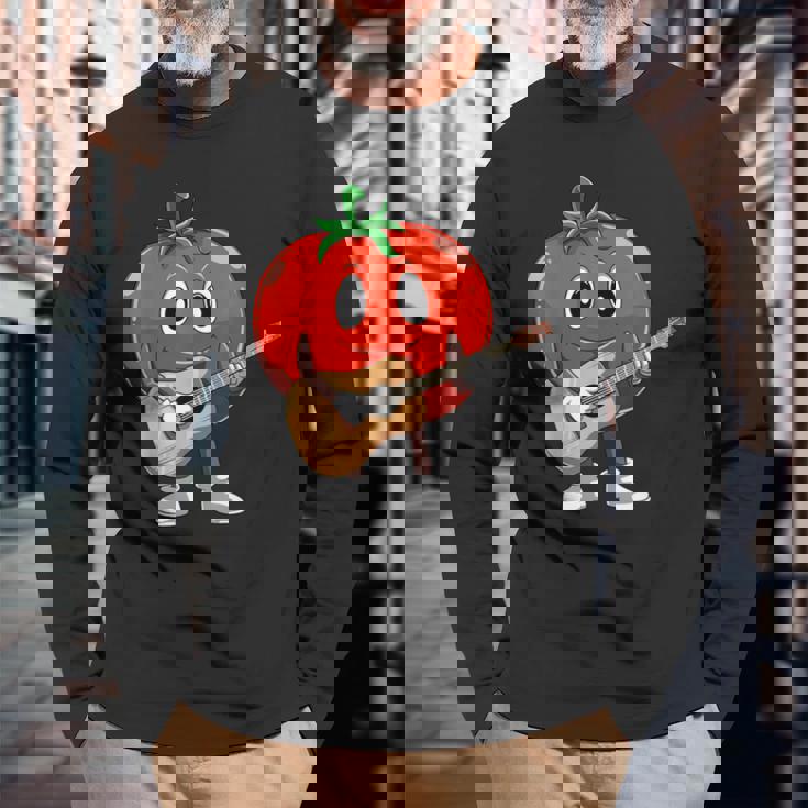 おもしろギタリスト トマト 演奏 ギター ミュージシャン トマト ギター 長袖Tシャツ 高齢者への贈り物