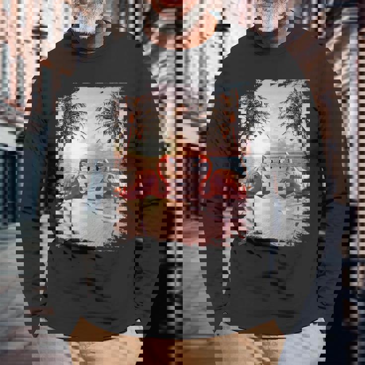 かわいいカラフルなフラミンゴヤシの木 長袖Tシャツ 高齢者への贈り物