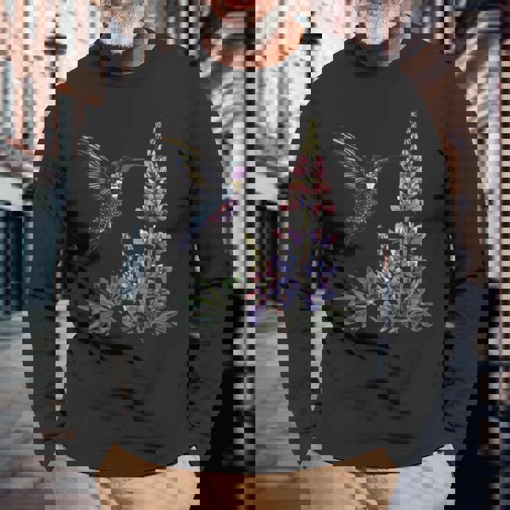 かわいいハチドリ バードウォッチング ルピナスフラワーガール 植物 ママ 長袖tシャツ 長袖Tシャツ 高齢者への贈り物