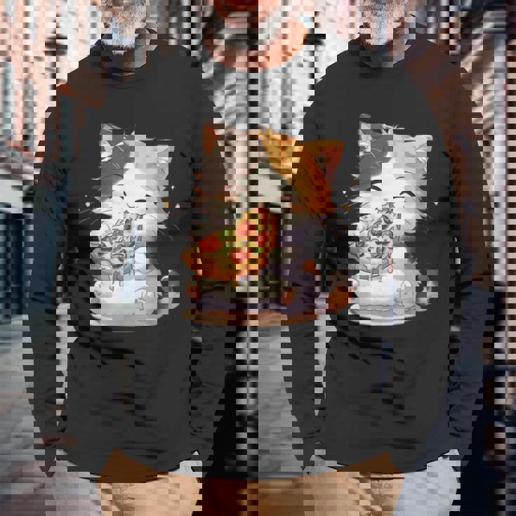 わがまま猫 ピザねこ ラーメン好き かわいい おもしろ マンガ 長袖Tシャツ 高齢者への贈り物