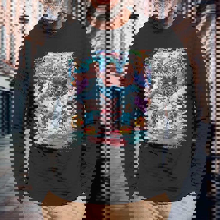 アロハ バーガー 猫 & ピザ ナマケモノ ユニコーン 長袖Tシャツ 高齢者への贈り物