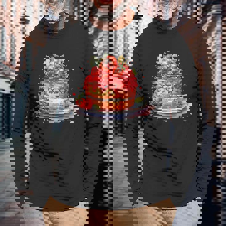 イチゴ サマーベーカリー キッチン パティシエ ストロベリーケーキ 長袖Tシャツ 高齢者への贈り物