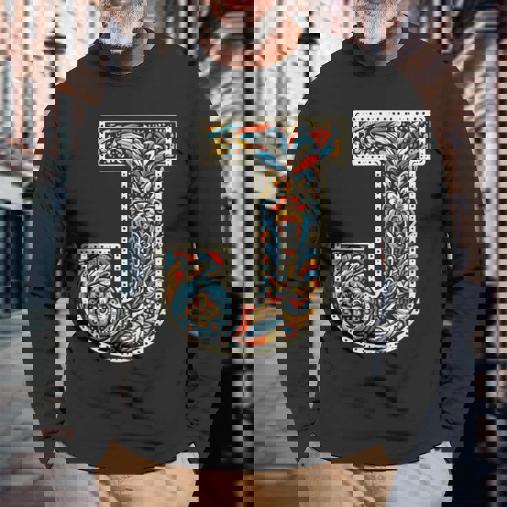 イニシャル 名前 文字 J アルファベット 民芸風 長袖Tシャツ 高齢者への贈り物