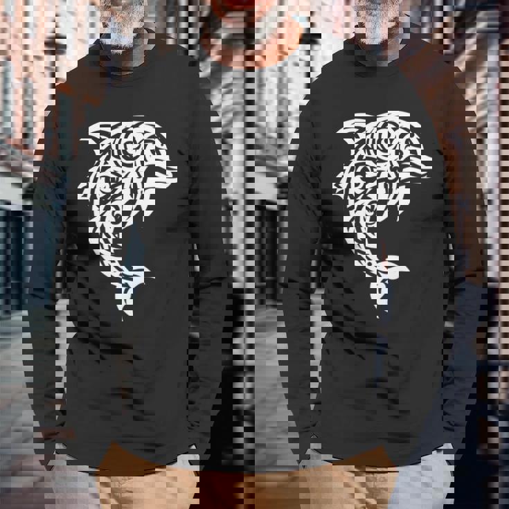 イルカ ポリネシアン トライバル マオリ ライトパターン イルカ 長袖tシャツ 長袖Tシャツ 高齢者への贈り物