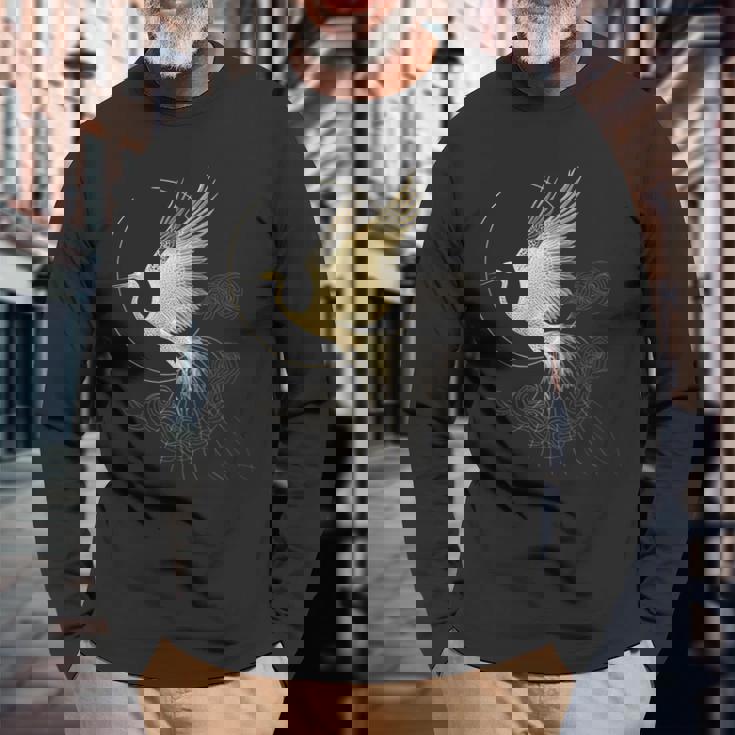 エレガントな鶴 アールデコ デザイン 優雅な鳥 長袖Tシャツ 高齢者への贈り物